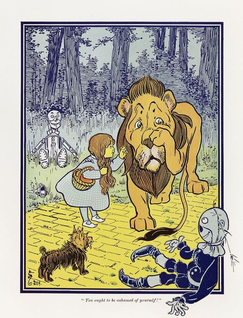 Dorothy meets the Cowardly Lion, from The Wonderful Wizard of Oz first edition (1900) by L. Frank Baum, illustrated by William Denslow's. Original public domain image from Wikimedia Commons. Digitally enhanced by rawpixel. | free image by rawpixel.com Magic Of Oz, Wizard Of Oz Characters, Wizard Of Oz Book, Wonderful Wizard Of Oz, William Wallace, Cowardly Lion, Girl Birthday Party Invitations, The Wonderful Wizard Of Oz, Yellow Brick Road