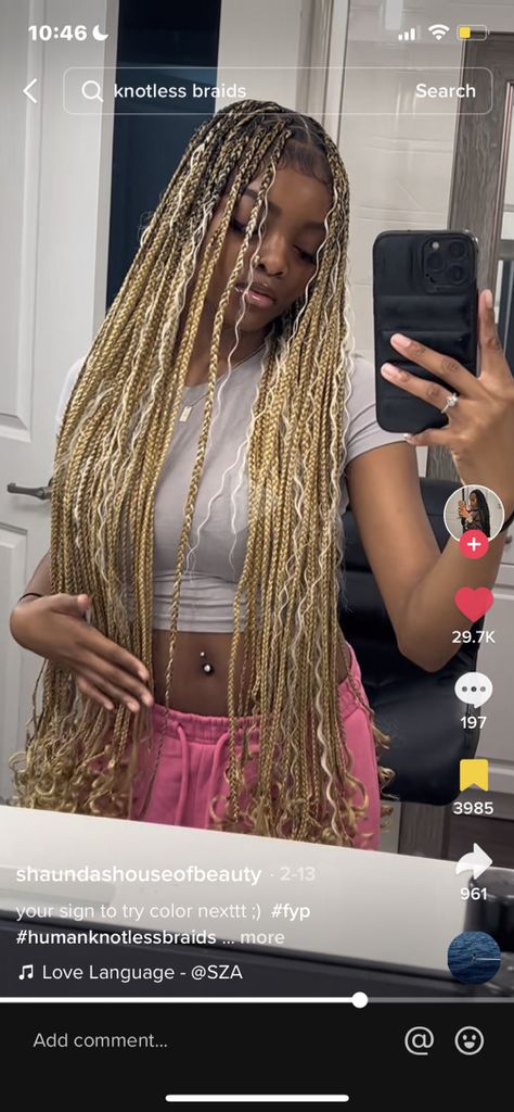 Blonde Knotless Braids On Black Hair, Black Hair With Blonde Braids, Small Box Braids Hairstyles Blonde, Different Braid Colors For Black Women, Blonde Colored Braids, Light Brown And Blonde Knotless Braids, 6 27 613 Braids, Brown And Blond Braids Black Women, Honey Blonde Knotless Braids Medium