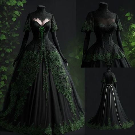 Plus Size Green Wedding Dress, Green And Black Wedding Dress, Green Goth Dress, Green And Black Gown, Dark Green Wedding Dress, Emo Wedding Dresses, 15th Century Dress, Fae Ball, Gothic Ball Gown