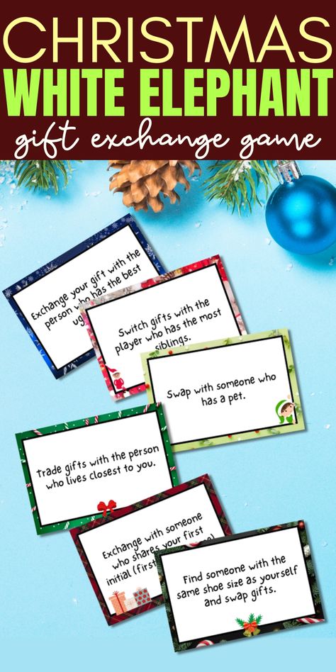 This White Elephant Gift Exchange Card Game Will Make Your Next Holiday Party Unforgettable! Office Gift Exchange Games, White Elephant Exchange Games, Card Game Ideas, Christmas Party Games For Groups, White Elephant Christmas, White Elephant Gift Exchange, Christmas Party Activities, Elephant Christmas, Elephant Game