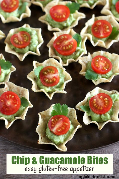 Chips and Guacamole Bites - This easy gluten-free appetizer is made with scoop chips, homemade guacamole, tomatoes and cilantro. Dairy-free or add cheese. Dairy Free Finger Foods, Gluten Dairy Free Appetizers, Dairy Free Appetizers Easy, Non Dairy Appetizers, Lactose Free Appetizers, Appetizer Boards, Chips Homemade, Chips And Guacamole, Guacamole Bites