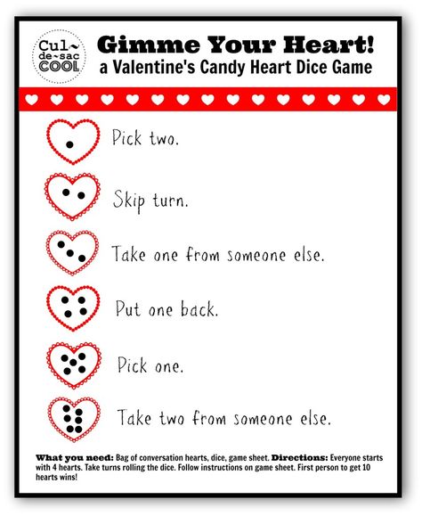 Gimme Your Heart! A Valentine's candy heart dice game!! | CULDESACCOOL.COM Heart Dice, Valentines Party Ideas, School Party Games, Vday Party, Valentine Party Ideas, Valentines Class Party, Valentine's Day Party Games, Class Party Ideas, Valentine Party Game