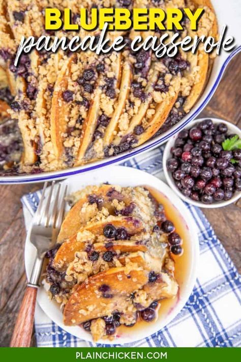 Blueberry Pancake Casserole Recipe - this is seriously delicious! Frozen pancakes, blueberries eggs, heavy cream, milk, vanilla, brown sugar, flour, oats, and melted butter. Can assemble the casserole ahead of time and refrigerate it before baking. Great for an easy weekday or weekend breakfast, brunch, overnight guests, and holiday mornings! Blueberry Pancake Casserole, Frozen Pancakes, Maple Bacon Cinnamon Rolls, Blueberry Pancakes Easy, Pancake Casserole, Bacon Cinnamon Rolls, Fruit Salad With Pudding, Freeze Pancakes, Blueberry Pancake