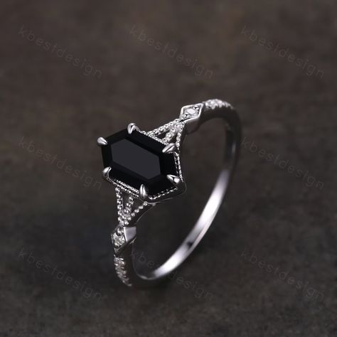 Elongated Hexagon Cut Black Onyx Ring Silver Ring Art Deco Milgrain Moissanite Wedding Ring Black Stone Ring Antique Bridal Promise Ring - Etsy Silver And Black Wedding Ring, Onyx Diamond Ring, Black And Silver Wedding Rings, Black Promise Rings, Wedding Ring Black, Silver Ring Black Stone, Black Rings Engagement, Black Onyx Promise Ring, Black Wedding Ring For Women