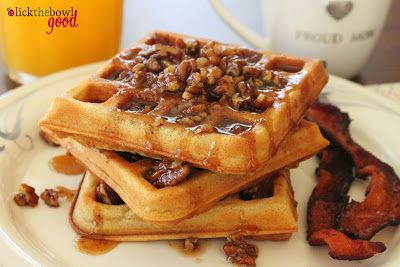 Waffles of Insane Greatness with Butter Pecan Syrup...Finally the recipe for  butter pecan syrup! Pecan Syrup Recipe, Pecan Syrup, Butter Pecan Syrup, Waffle Iron Recipes, Waffle Maker Recipes, Fresh Fruit Recipes, Homemade Waffles, Breakfast Waffles, Breakfast Pancakes