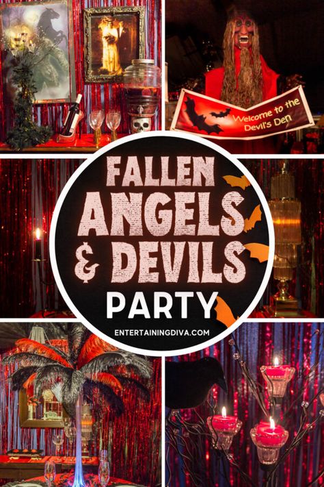 Angels And Devils Party, Hell Themed Party, Angels And Demons Party, Saints And Sinners Party, Halloween Scene Setters, Fear Factor Party, Angels And Devils, Black Party Decorations, 17th Birthday Ideas