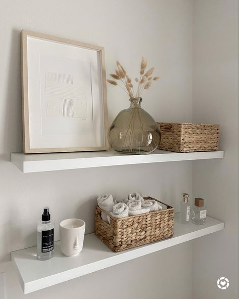 Toilet Shelf Styling, Bathroom Above Toilet Decor, Toothbrush Holder Ideas, Open Shelf Bathroom, Shelves Decor, Shelves Bathroom, Bathroom Shelf Decor, Friendsgiving Dinner, Restroom Decor