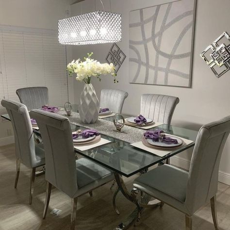 Glass Dining Table Decor, Grey Dining Room Table, Dining Table Decor Centerpiece, Beautiful Dining Table, Glass Dining Room Table, Dining Room Table Centerpieces, Grey Dining Room, Dinning Room Design, Affordable Modern Furniture