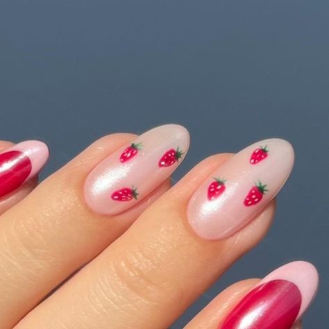 Aistė Haas on Instagram: "🍓🍰 Freshly glazed nails with a hint of strawberry sweetness 🍩🍓 Using: @gelcare.official Rose BB Cream | Rhubarb | Manoir Pink | Velveteen | French Alps | For 15% off use code: AISTE IB: @rhode @haileybieber ______ #nailinspo #nailart #nails #naildesign #strawberrynails #frenchnails #pinknails #summernails #nailtutorial #aestheticnails #flawlessnails #nailvideos #chromenails #shinynails #nailideas #naturalnails #rednails" Strawberry Glaze Nails, Strawberry Gel X Nails, Easy Strawberry Nails, Pink Strawberry Nails, Pink And Red Strawberry Nails, Red Nails With Strawberry Design, Strawberry Accent Nail, Strawberry Nail Art, Red Summer Nails