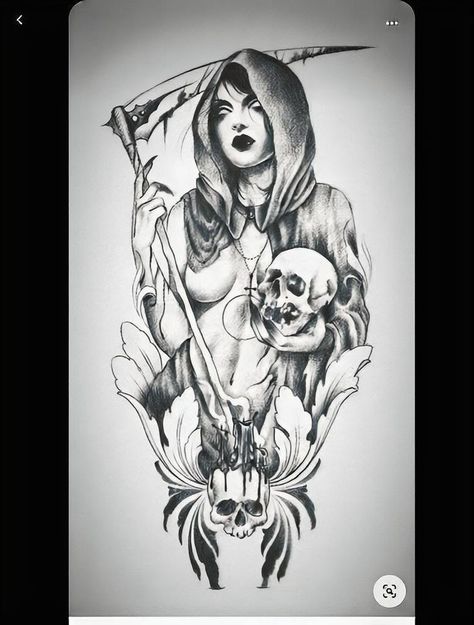 Lady Demon Tattoo, Female Reaper Tattoo, Sucubus Tattoo Design, Demons Tattoo Ideas, Dark Tattoo Sketch, Dark Tattoos Creepy Demons, Female Grim Reaper Tattoo, Demon Woman Tattoo, Grim Reaper Tattoo Designs Drawings