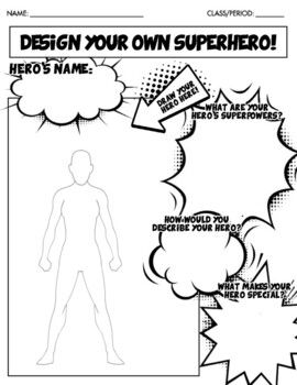 Have students create and design their own superhero! They can also name their hero and describe their superpowers, attributes and what makes their hero special. Download includes 2 worksheets (male and female templates) Great as an early-finisher activity or sub assignment. Superhero Worksheets Free Printable, Superhero Design Ideas, Superhero Activity Sheets, Create Your Own Superhero Template, All About Me Superhero, Design Your Own Superhero Printable, If I Were A Superhero Worksheet, Superhero Reading Activities, Design Your Own Superhero