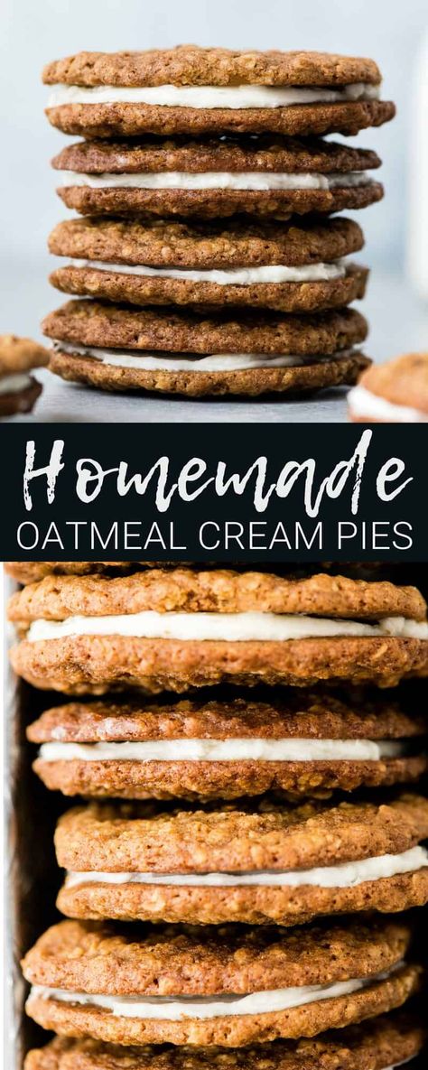 These Homemade Oatmeal Cream Pies are so much better than their store-bought counterparts and are made completely from scratch! Plus, they can be made ahead and are freezer-friendly! An absolutely delicious dessert to feed a crowd! Dessert To Feed A Crowd, Homemade Oatmeal Cream Pies, Dessert Halloween, Oatmeal Cream Pies, Homemade Oatmeal, Quick Dessert Recipes, Cronut, Cream Pies, Whoopie Pie