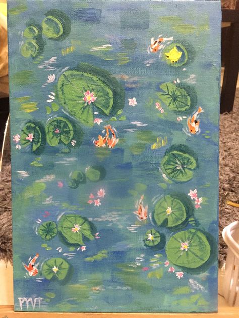 Pond :) (acrylic paint) Fish Pond Art, Duck Pond Painting, Pond Painting Acrylic, Catfish Pond, Pastel Tutorial, Pond Painting, Duck Pond, Painting Inspo, Fish Pond