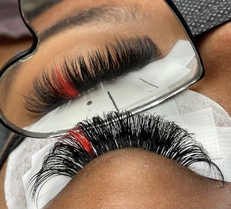 Eyelash Extensions With Red Color, Lash Extensions With Pop Of Color, Red And White Lash Extensions, Lashes With Red Color, Red Lash Extensions Styles, Red And Black Lash Extensions, Lashes With Color At The End, Red Lashes Extensions, Red And Black Lashes