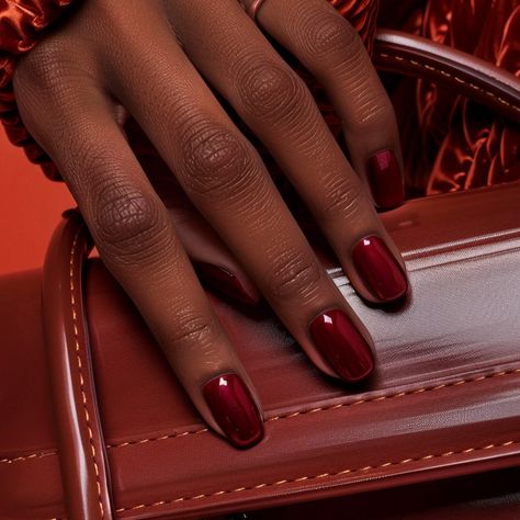 This manicure embodies sophistication with its glossy, deep red polish that complements the rich, warm tones of the ensemble. The high-shine finish adds depth to the classic red, creating an opulent look that’s both bold and timeless. Paired with textured fabrics and polished leather, these nails radiate a sense of luxury and style, perfect for cooler seasons. Ideal for anyone who loves a refined yet impactful aesthetic, this manicure enhances any outfit with its rich, elegant tone. A true s... Red Nails Dark Skin, Red Glossy Nails, Wine Colored Nails, Red Nails Dark, Nails Dark Skin, Textured Fabrics, Nails Dark, Dark Red Nails, Red Polish