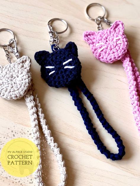 SAVE & FOLLOW US 🙏😻Minimalist Cat Face Keychain + Wristlet Crochet Pattern (ENG). Beginner Friendly, Instant Download PDF without ads, fully illustrated & printer friendly. A Purr-fect handmade gift for cat lovers!  #crochetcat #crochetwristlet #amigurumi #handmadegiftideas #keychainDIY #stashbuster #scrapyarnproject #stockingstuffer #holidaygift #macrame #blackcat #cutekitty Crocheted Keychains, Crochet Keyrings, Wristlet Patterns, Kat Haken, Backpack Charms, Crochet Keychains, Beau Crochet, Crochet Ornament Patterns, Keychain Craft