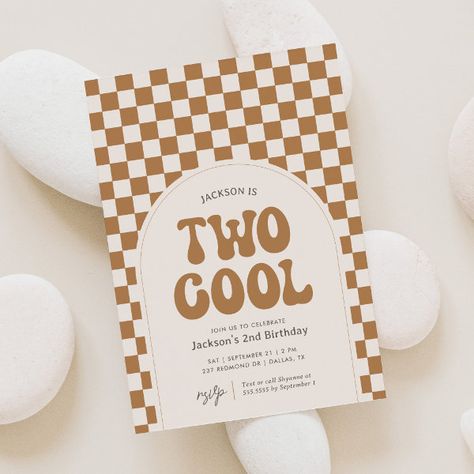 Two Cool Mustard Retro Checker 2nd Birthday Invitation Two Cool Invitation, Two Cool Birthday Theme, Two Cool Birthday Party, Two Cool Birthday, Skateboard Birthday, Toddler Boy Birthday, Skate Boy, Baby First Birthday Cake, 2nd Birthday Boys