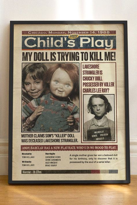 Child's Play 1988 Poster Chucky - Chucky Good Guys Doll - Charles Lee Ray - Don mancini - Movie Vintage Style Newspaper - Horror Print a4 a3, Movie poster print, classic movie poster, vhs247 Charles Lee Ray, Chucky Face, Chucky Movies, Good Guy Doll, Emotional Movies, Horror Prints, Movie Art Print, Play Poster, Childs Play Chucky