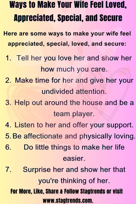 Ways to Make Your Wife Feel Loved, Appreciated, Special, and Secure Ways To Love Your Wife, Make Her Feel Special, Appreciate Your Wife, Romantic Questions, Skull Quote, Love Your Wife, Feeling Appreciated, Marriage Prayer, Happy Wife