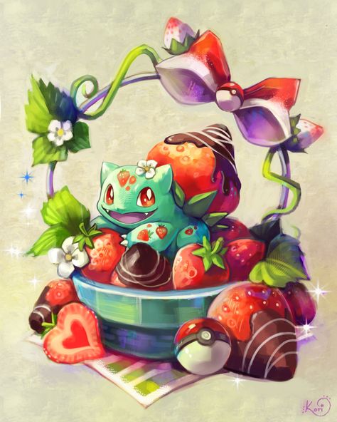 Cottagecore Valentines, Valentines Picnic, Pokémon Crafts, Mythic Animals, Pokemon Food, Bulbasaur Pokemon, Strawberry Basket, Art Pokémon, Pokemon Design