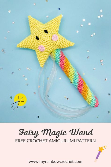 Crochet Magic Wand, Fairy Magic Wand, Free Crochet Amigurumi, Crochet Fairy, Confection Au Crochet, Rainbow Crochet, Patterns Ideas, Crochet Decoration, Fairy Magic