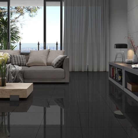 Absolute Black Granite Collection Black Tiles Bedroom, Black Tiles Floor Living Room, Granite Flooring Design For Living Room, Lobby Flooring, Black Flooring, Black Ceramic Tiles, Black Tile Bathrooms, Granite Tiles, Black Floor Tiles