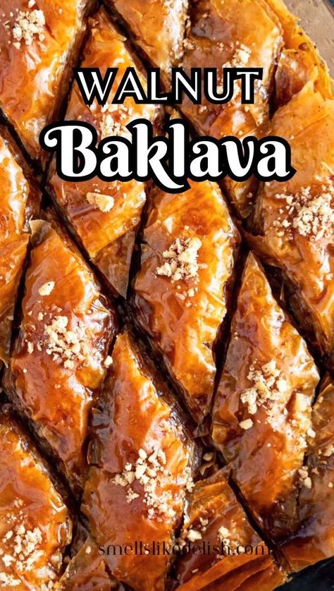 Walnut Baklava is a rich and decadent layered pastry that is a staple 
​dessert across many cultures in the Middle East and Mediterranean 
​regions. This recipe captures the essence of this classic dessert, 
​featuring layers of flaky phyllo dough filled with a sweet and nutty 
​mixture of chopped walnuts, cinnamon, and spices.