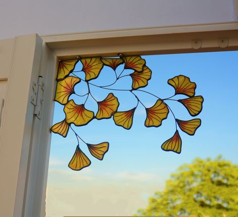 Window Corner Decor, Stained Glass Yellow, Window Corner, Ginkgo Leaves, Corner Decor, Buy List, Stained Glass Crafts, Stained Glass Designs, Ginkgo Leaf