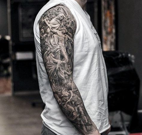 Ornate Intricate Mens Finely Detailed Jesus Angel Full Sleeve Tattoos Religious Tattoos For Men, Religious Tattoo Sleeves, Christus Tattoo, Mangas Tattoo, Catholic Tattoos, Tattoo Guide, Ray Tattoo, Money Tattoo, Tattoo Inspiration Men