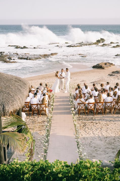 Wedding On The Beach Decoration, Wedding In Cabo, Small Beach Wedding Aesthetic, Spanish Beach Wedding, Wedding Inspo Beach, Todos Santos Wedding, Simple Beach Ceremony, Beach Chapel, Beach Wedding Wedding Dress