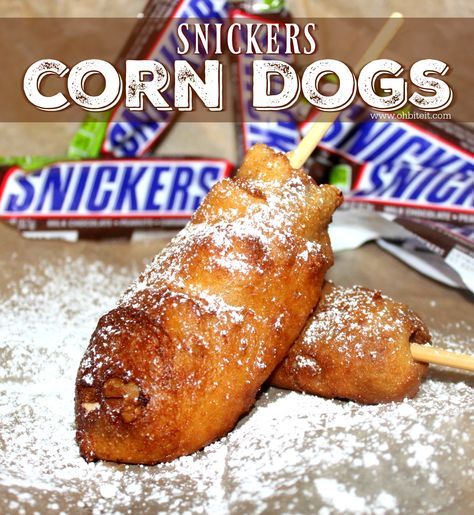 Deep Fried Fair Food, Carnival Eats Recipes, Fried Snickers, Fried Desserts, Deep Fried Desserts, Deep Fried Recipes, Fair Foods, Corndog Recipe, Fried Dessert