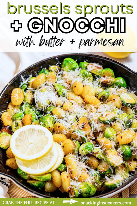 Gnocchi and brussels sprouts in a skillet topped with parmesan, with a text overlay with the name of the recipe. Gnocchi And Brussel Sprouts Recipes, Gnocchi With Brussel Sprouts, Gnocchi And Brussel Sprouts, Brussel Sprouts And Gnocci, Gnocchi Brussel Sprouts, Crisp Gnocchi With Brussel Sprouts, Recipes With Brussel Sprouts, Roasted Gnocchi And Brussel Sprouts, Gnocchi Brussel Sprouts Brown Butter