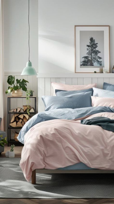 Minimalist bedroom with pastel pink, blue, and grey colors, featuring a gray bed in the center, a wooden log side table royalty free stock photo Pink And Blue Bedroom Ideas, Blue And Pink Bedroom, Log Side Table, Photo Bedroom, Gray Bed, Gray Photo, Uni Room, Wooden Log, Pink Bedroom