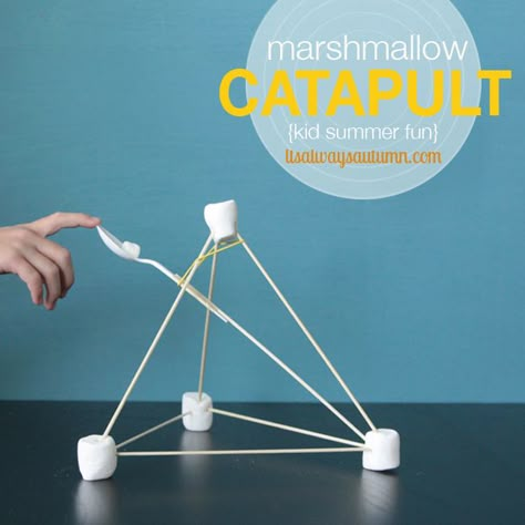 Easy marshmallow catapults can be made with items you probably already have around the house for hours of creative fun. Marshmallow Launcher, Marshmallow Catapult, Catapult Diy, Indoor Kids Crafts, Summer Fun For Kids, Indoor Kids, Indoor Activities For Kids, Cub Scouts, Kid Activities