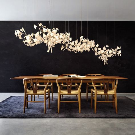 Gingko Chandelier C – Vakkerlight Petal Chandelier, Ceramic Leaves, Lampe Metal, Large Foyer, Gingko Leaves, Art Deco Chandelier, Light Sculpture, White Leaf, Brass Lamp