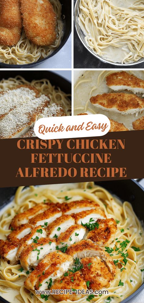 Discover the ultimate form of comfort food with this Crispy Chicken Fettuccine Alfredo recipe! It features tender fettuccine noodles coated in a rich, creamy Alfredo sauce, topped with crispy, golden-brown chicken. Perfect for family dinners or special occasions, this dish is sure to satisfy your cravings. Serve it with a side salad or garlic bread and enjoy a deliciously simple meal that syncs nicely with everyone's taste. Your guests and family will love every creamy, tasty bite all night long. Easy Chicken Fettuccine Alfredo With Jar Sauce, Chicken Alfredo Side Dishes, Recipes With Fettuccine Noodles, Fried Chicken Alfredo, Chicken Fettuccine Alfredo Recipe, Veggie Alfredo, Chicken Alfredo Fettuccine Recipe, Fettuccine Alfredo Recipe, Chicken Alfredo Recipe