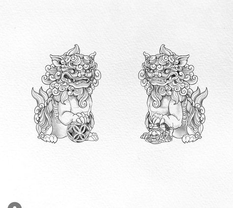 Pixiu Chinese Drawing, Chinese Lion Dog Tattoo, Fu Dog Tattoo Design Half Sleeves, Shi Shi Dog Tattoo, Cute Foo Dog Tattoo, Chinese God Tattoo, Dancing Lion Tattoo, Chinese Lion Tattoo Foo Dog, Komainu Tattoo Design