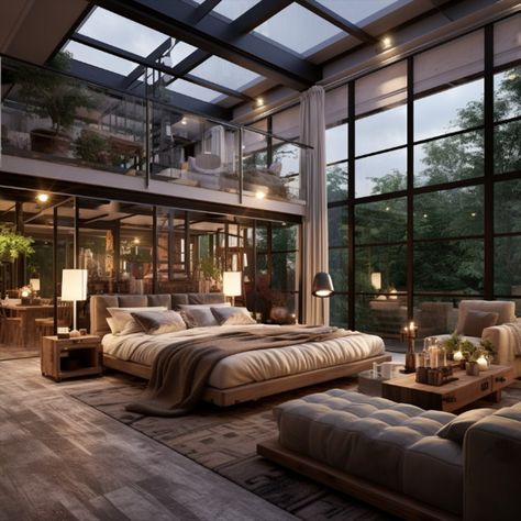 Mezzanine Bedroom Master Suite, Open Loft Ideas, Open Loft Ideas Upstairs, Loft Style Interior Design, Loft Ideas Upstairs, Interior Design Loft Style, Bedroom Upstairs, Farm Villa, Loft Style Interior