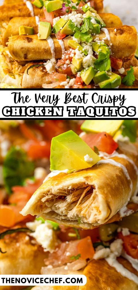 Golden and crispy, these chicken taquitos have an addictive crunch and a cheesy, tomatoey filling you'll love. Topped with avocado and crema, you might just add a Taquito Night to your weekly menu. In case you're out of chicken or want to switch things up, you can also make them with shredded beef, mashed potatoes, or refried beans. Give them a go! Beef Mashed Potatoes, Taquitos Recipe, Comfort Casseroles, Chicken Taquitos, Mexican Dinner Recipes, Mexican Dinner, Shredded Beef, Chicken Potatoes, Best Chicken