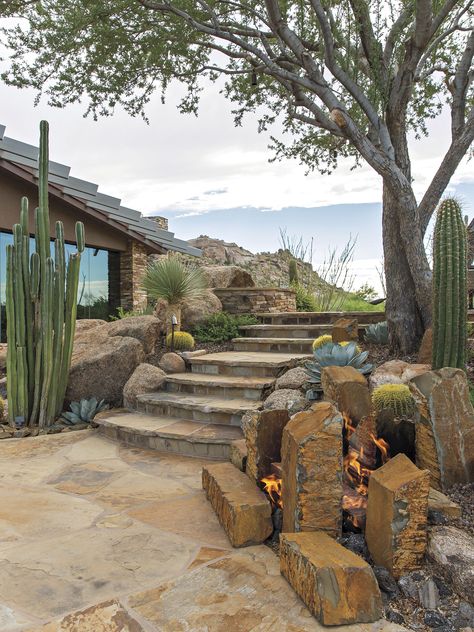 Desert Oasis Aesthetic Home, Desert Oasis Home, Tiered Landscaping, Natural Fire Pit, Arizona Garden, Cactus Landscape, Rock Path, Arizona Gardening, Desert Botanical Garden