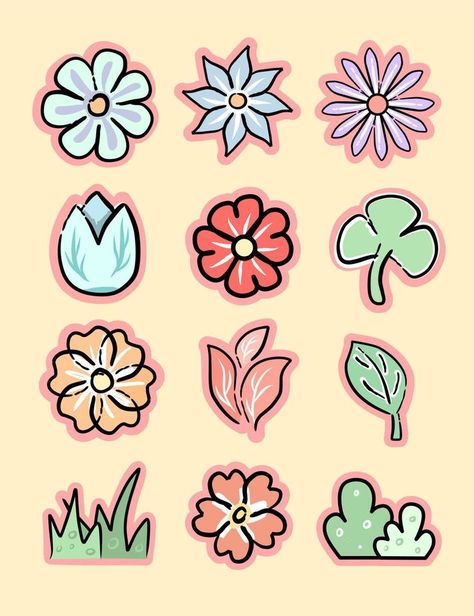 Cute Printable Stickers Flowers, Green Design For Scrapbook, Homemade Sticker Ideas, Cute Flower Stickers, Spring Motivation, Design For Scrapbook, Orange Core, Leaf Stickers, Spring Stickers