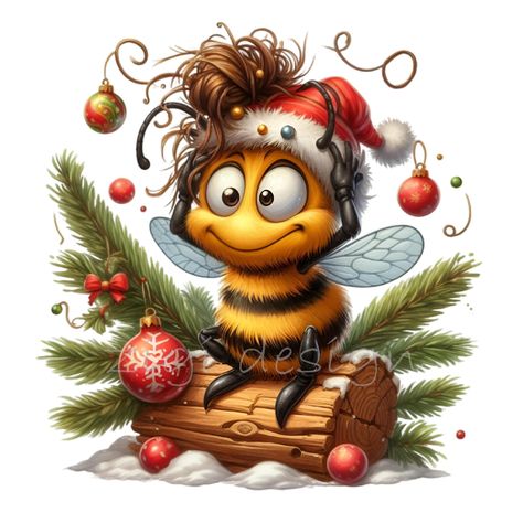 Bee Theme Christmas Tree, Christmas Bee, Bee Christmas, Cute Png, Bee Clipart, Bee Illustration, Pine Branches, Bee Cards, Charming Christmas