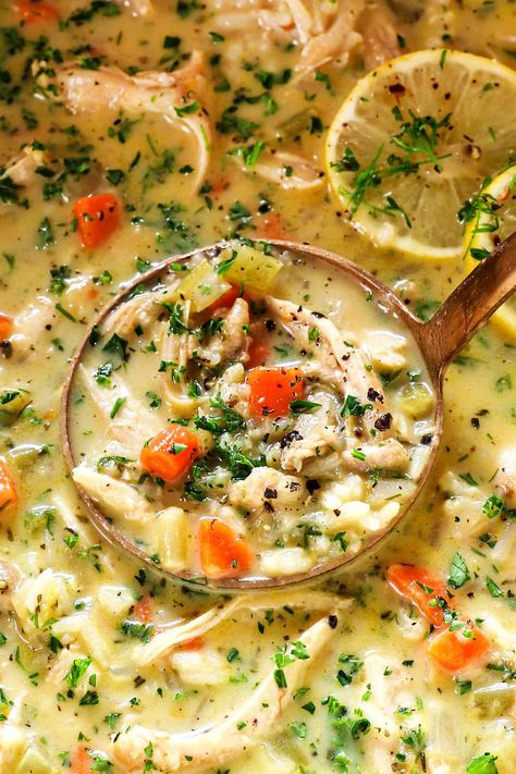 Avgolemono Soup (Greek Lemon Chicken Soup) - Carlsbad Cravings Crockpot Avgolemono Soup, Lemon Chicken Quinoa Soup, Lemon Rosemary Chicken Soup, Mediterranean Lemon Chicken Soup, Chicken Lemon Soup, Greek Chicken Soup, Greek Lemon Soup, Lemon Zest Recipes, Lemon Coriander Soup