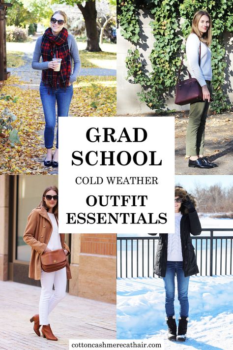 grad school outfit essentials | what to wear in grad school | how to dress confidently in grad school | outfits for writing, teaching, field world, lab work, and presentations/academic conferences | Cotton Cashmere Cat Hair Graduate School Aesthetic Outfit, Outfits For Grad School, Grad School Aesthetic Outfit, Grad Student Aesthetic Outfit, Grad School Outfit Student Style, Phd Student Outfit, Postgraduate Outfit, Graduate School Outfits, Phd Outfit