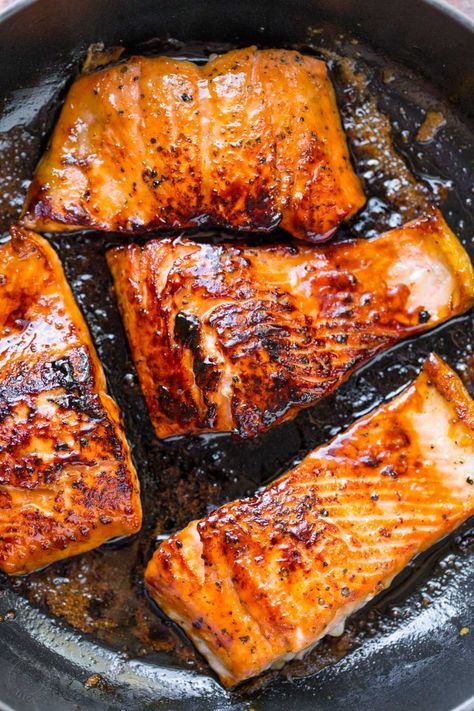 Honey Glazed Salmon Recipe - NatashasKitchen.com Honey Salmon Recipes, Sockeye Salmon Recipes, Fried Salmon Recipes, Salmon Recipe Pan, Honey Glazed Salmon Recipe, Sauteed Salmon, Salmon Recipes Baked Healthy, Honey Glazed Salmon, Salmon Glaze Recipes