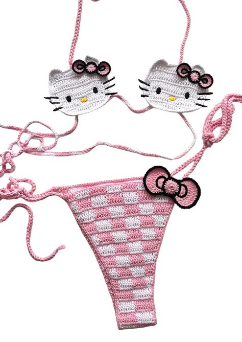 This Hello kitty swimming suit Blends cute design with handmade quality, featuring adorable Hello Kitty details, and is perfect for beach outings. Adorable Hello Kitty crochet design Soft and comfortable fabric blend Adjustable ties for a perfect fit Vibrant colors that won't fade Available in multiple sizes Hello Kitty Swimming, Hello Kitty Head, Hello Kitty Crochet, Bikinis Crochet, Ring Bracelet Chain, Hoop Charms, Love And Co, Monokini Swimsuits, Crochet Design