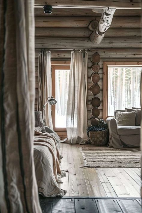 Log Cabin Window Ideas - Enhancing Your Cozy Retreat - Melanie Jade Design Log House Window Treatments, Log Cabin Curtain Ideas, Cabin Window Treatments, Bedroom Window Design, Modern Skylights, Cabin Curtains, Cabin Windows, Barn Bedrooms, Barndominium Interior