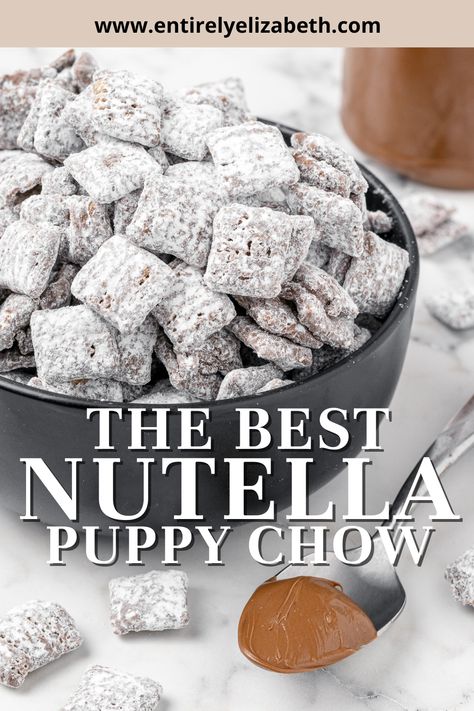 S’mores Puppy Chow With Nutella, Snickers Puppy Chow, Puppy Chow With Nutella, Puppy Chow Gift Packaging, Poppy Chow Recipes, Hot Chocolate Puppy Chow, Maple Puppy Chow, Nut Free Puppy Chow, Peanut Free Puppy Chow