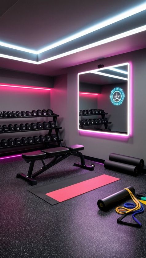 Corner Gym Ideas, Gym Neon Light, At Home Gym Aesthetic, Gym Led Lighting, Gym Studio Design, Gym Flooring Ideas, Gym Design Home, Gym Ideas Home, Garage Home Gym