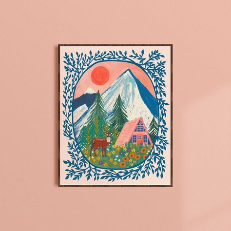 Into the Wilderness - Art Print - Faire Mountain Art Print, Nordic Poster, Tableau Art, Mountain Art, Kids Room Art, Wall Art Canvas Painting, Nature Wall, Ink Illustrations, Nature Wall Art